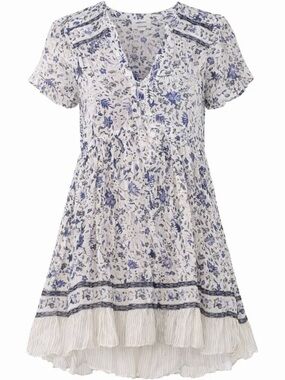 MAEVE Anthropologie Sheer Short Sleeve Dress White & Periwinkle Blue Size 0
